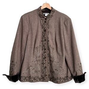 Nygard Collection Wool Blend Embroidered Velvet Trim Tweed Jacket Women's 16